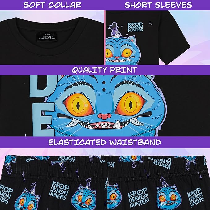 KPop Demon Hunters Officially Licensed 2-Pc Pajamas Set Girls, 5–14 Yrs, Soft PJs Lounge Set T Shirt Shorts, Gifts for Girls