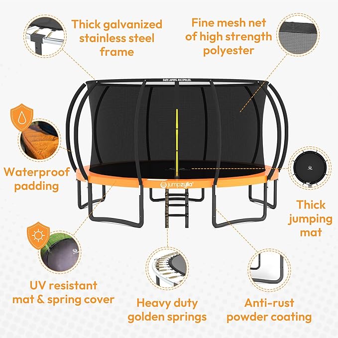 JUMPZYLLA Trampoline Outdoor 8FT 10FT 12FT 14FT 15FT 16FT with Enclosure and Ladder, ASTM Approved Recreational Trampoline for Kids and Adults, Anti-Rust Coated Frame