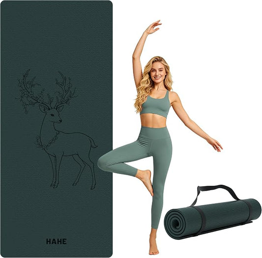 HAHE Extra Wide Yoga Mat, 75"x 32" POE Non Slip Exercise & Fitness Mat for Home Workout, 8mm Thick Large Yoga Mat for Men & Women, Deer Print Pilates Mats with Carry Strap
