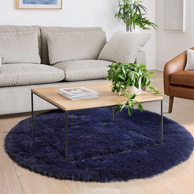 Amdrebio Dark Navy Round Rug 4Ft for Boys Room Bedroom, Fluffy Shag Fuzzy Plush Circle Area Rugs for Kids, Teens, Living Room Decor Aesthetic, Indigo Furry Cool Dark Blue Carpet for Dorm Baby Nursery