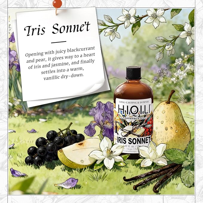 HIQILI Iris Sonnet Fragrance Oil for Diffuser, Balm & Linen Spray Making | Elegant Concentrated Iris Scent For DIY Blends, Long-Lasting Aroma, Ideal For Diffuser & Linen Spray - 150mL / 5.07 Fl Oz