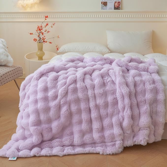 LIFEREVO Luxury Fluffy Faux Rabbit Fur Throw Blanket 60x80, Lavender | Plush Furry Bubble Lap Throw for Couch Sofa Office, Soft Cozy Light Purple Bed Blanket Home Decor, Washable & Skin-friendly