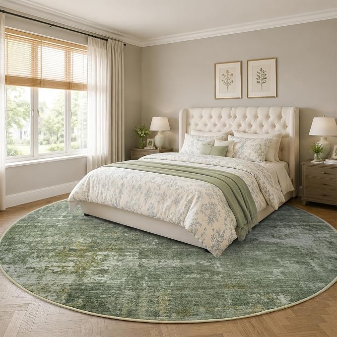 4Ft Round Area Rugs for Living Room, Soft Non-Slip Washable Rugs Modern Abstract Pattern Carpet for Bedroom Indoor Floor Nursery Home Decor (Green)