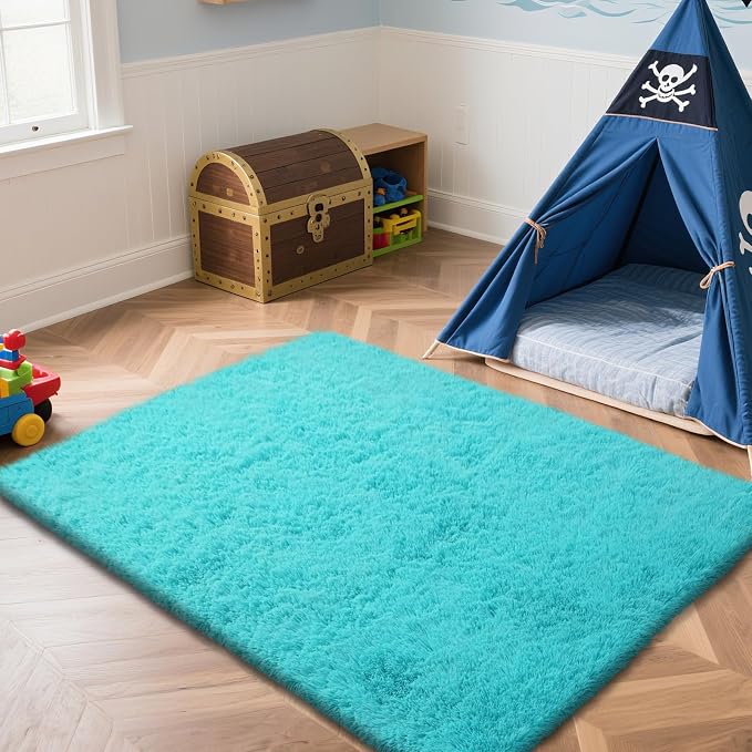 Teal Blue Rug Fluffy Rugs, 5x8 Teal Area Rugs for Bedroom, Soft Play Mat, Indoor Floor Carpet for Teen, Preppy Dorm, Plush Aesthetic Bedside Rug