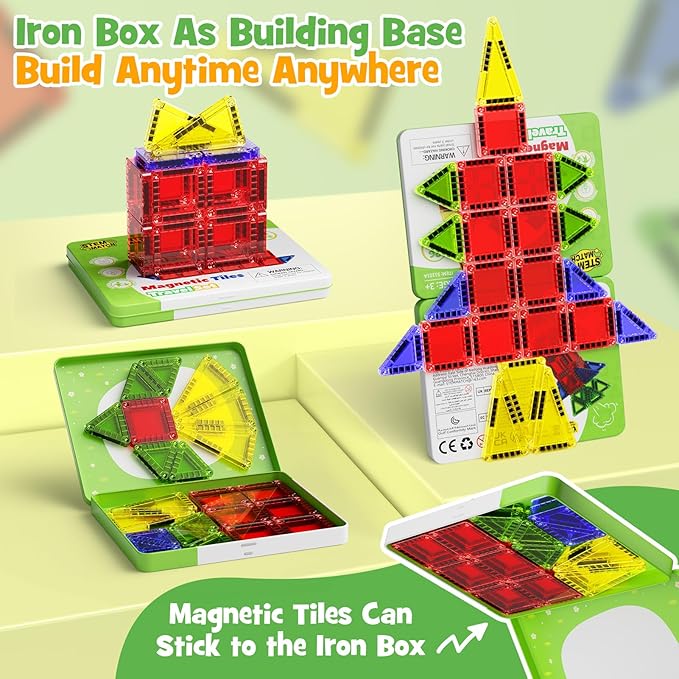 Mini Magnetic Tiles Travel Set, 26PCS Compact Magnetic Building Blocks for Kids Ages 4-8 & Toddlers 1-3, Airplane Toys with Visual Storage Guide & Metal Box