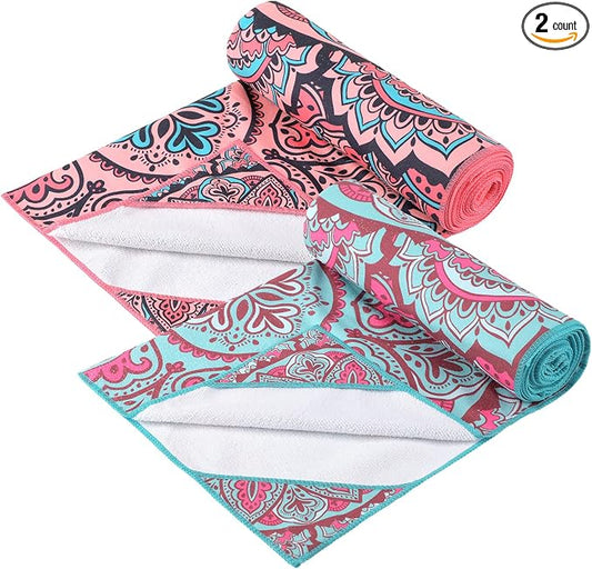 Tudomro 2 Pcs Yoga Towel, Non Slip Hot Yoga Mat Towel 73'' x 25'' Soft Sweat Absorbent Yoga Blanket Multicolor Yoga Accessories Workout Towel for Gym Bikram Pilates Yoga, Pink Blue