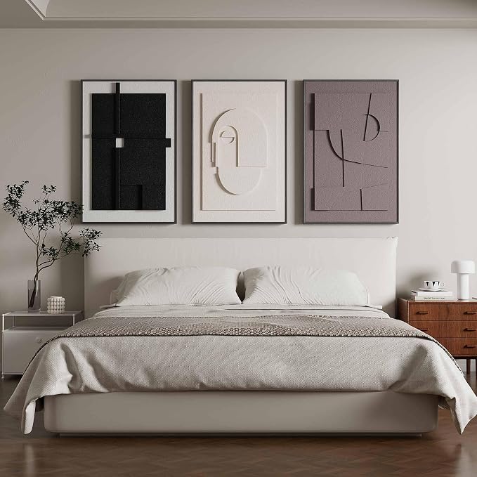 Thalasse Modern Abstract Wall Art Bedroom Framed 3D Earth Tone 16x24 In | Textured sculpture artwork, minimalist geometric cubist, home dining room, 3 piece set