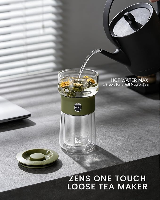 ZENS Modern Glass infuser Teapot, Small One Touch Tea Maker for Loose Tea Diffusers with 200ml Insulated Cup and Army Green Portable Carry Case, Magic Gongfu Tea Pot for Tea Lovers Gifts