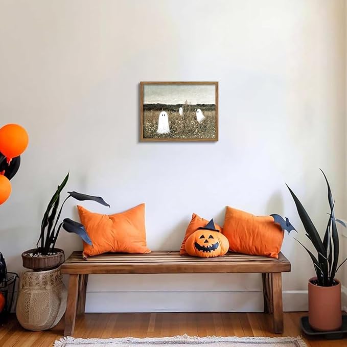 Framed Vintage Halloween Wall Art, Cute Ghost Meadow Painting, Rustic Landscape Canvas Halloween Wall Decor, Aesthetic Spooky Ghost Wall Art for Living Room Bedroom Bathroom 12x16 inch