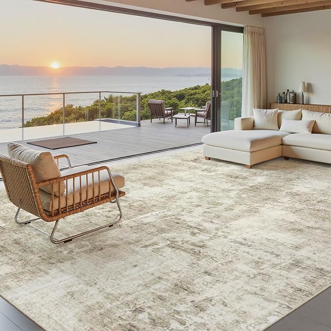 Soalmost Abstract Rug 8x12 Large Living Room Area Rugs Washable Beige/Gray | Modern Non-Slip Carpet for Dining Bedroom, Stain Resistant Foldable Thin Low Pile Floor Mat Under Table Home Office Decor