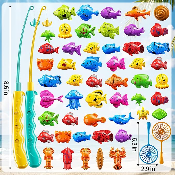 Magnet Fishing Game for Kids 3-5 4-8 - Fish Toys for Kids 3-5, Bathtub Floating Toy Fishing Pole and Rod Net, Bath Pool Outdoor Gifts for Toddlers Baby Age 3 4 5 6 7 8 Year Old
