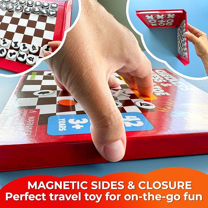 QUOKKA Magnet Game for Kids 3-5 - 3 in 1 Chess&Checkers&TicTacToe Game Kids Ages 4-8 - Travel I Road Trip I Plane I Car Ride - Magnetic Toddler Travel Toys
