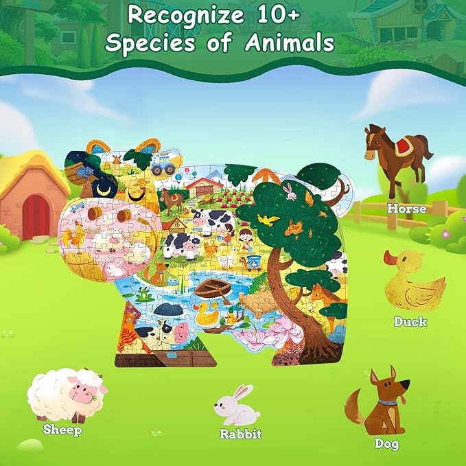 Animal Puzzles for Kids Ages 6-8 200 Piece Cow Jigsaw Puzzles Farm Animal Shape Floor Puzzle Ages 8-10 Learning Educational Toy Birthday Gift for Boys Girls Ages 10-12