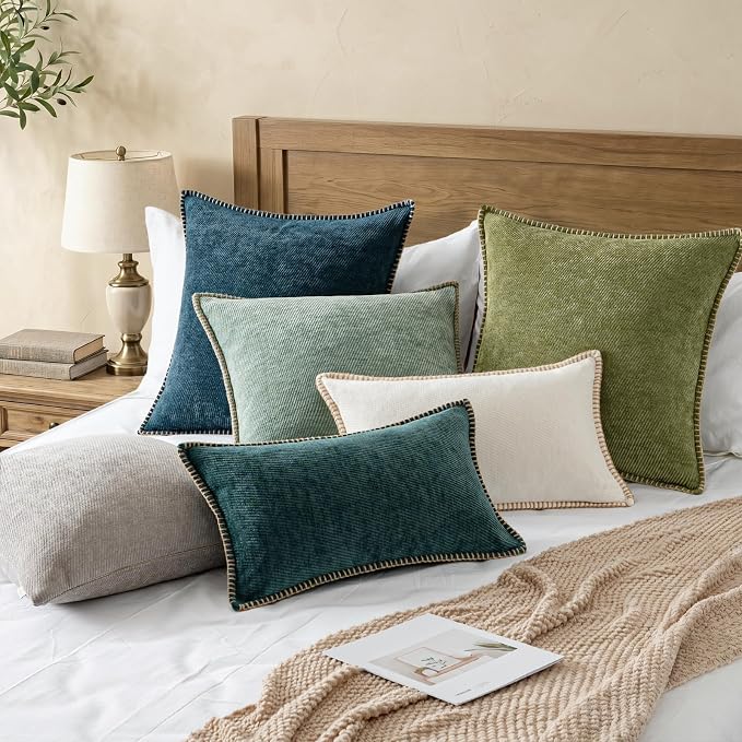 a moment Pack of 2 Decorative Chenille Throw Pillow Covers with Twill Cushion Covers for Sofa Living Room Couch Bed 16x16 Inch,Crafted Border Dark Teal
