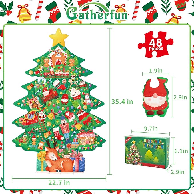 Christmas Puzzles with 48 Large Pieces - Christmas Tree Shaped Floor Puzzle for Party Decorations, Gifts, and Classroom Activities