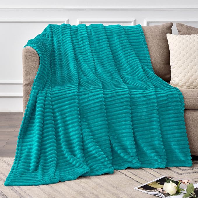 BEDELITE Ribbed Jacquard Ocean Blue Fleece Twin Blanket for Bed, 60x80 Inch | Soft Warm Decorative Fluffy Blanket, Cozy Plush Lightweight Fuzzy Throw Blanket for Couch Sofa Room Decor, Gift for Women