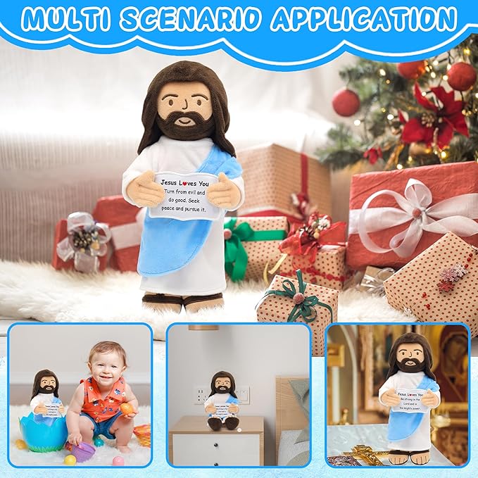 Jesus Plush, 13" Jesus Stuffed Plushie Doll with Positive Card for Christmas Religious Easter Church Sunday School Toy Gift for Kids (E)