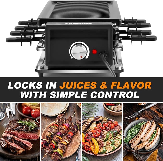 CUSIMAX Raclette Grill Korean BBQ Grill, Portable Raclette Table Grill Electric Grill with Non-stick Plate, Adjustable Temperature Control, Indoor Grill with Cool Touch Handles, 8 Cheese Trays for Fun