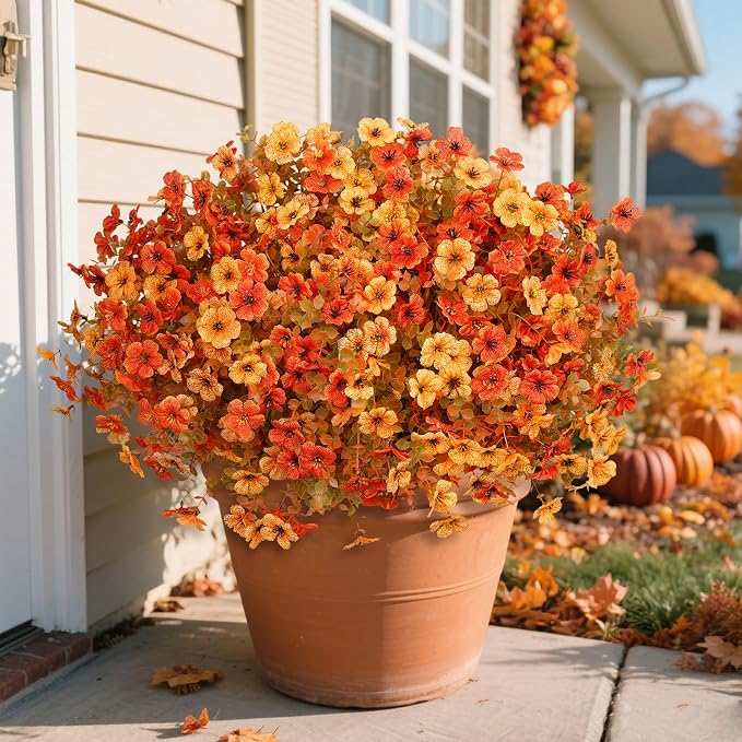 Ouddy Decor 24 Pcs Artificial Fall Flowers, Fake Mums Outdoor, Mixed Orange | Lifelike faux mums, silk flower, UV resistant, no-maintenance, for autumn Thanksgiving garden porch yard indoor outdoor decor