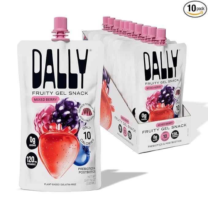 Dally Mixed Berry Drinkable Konjac Jelly, 10 Pouches, Fruit Snack | Sugar free, keto and gluten free; prebiotics, postbiotics and vitamin C for skin and immune health