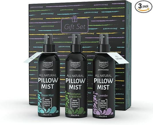 Aromasong All Natural Pillow Spray Holiday Gift Pack of Lavender, Ocean Mist, and Eucalyptus Included - Calming Linen & Bedtime Natural Essential Oil Mist Spray for Sleeping