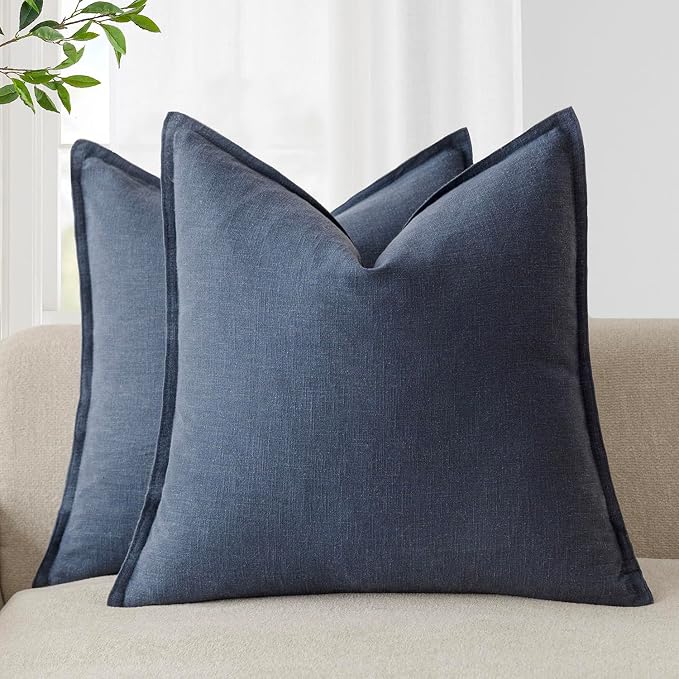 Foindtower Pack of 2, Decorative Linen Solid Throw Pillow Covers Soft Accent Square Cushion Case Boho Farmhouse Pillowcase for Chair Couch Sofa Bedroom Living Room Home Decor 26 x 26 Inch Navy Blue