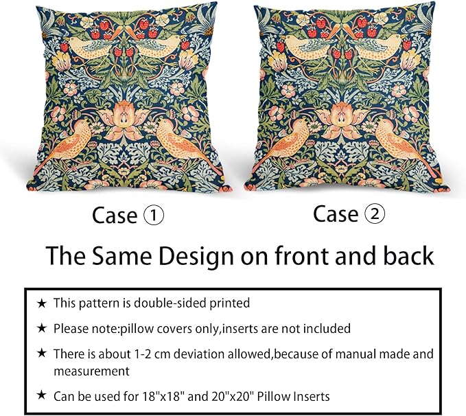 Chinoiserie Blue Sage Green Teal Pimpernel Pillow Covers 22x22 Inch Set of 2 Colorful Floral Bird Red Strawberry Pillow Cases Vintage Flower Throw Pillowcases Home Decor for Couch Patio Sofa Porch