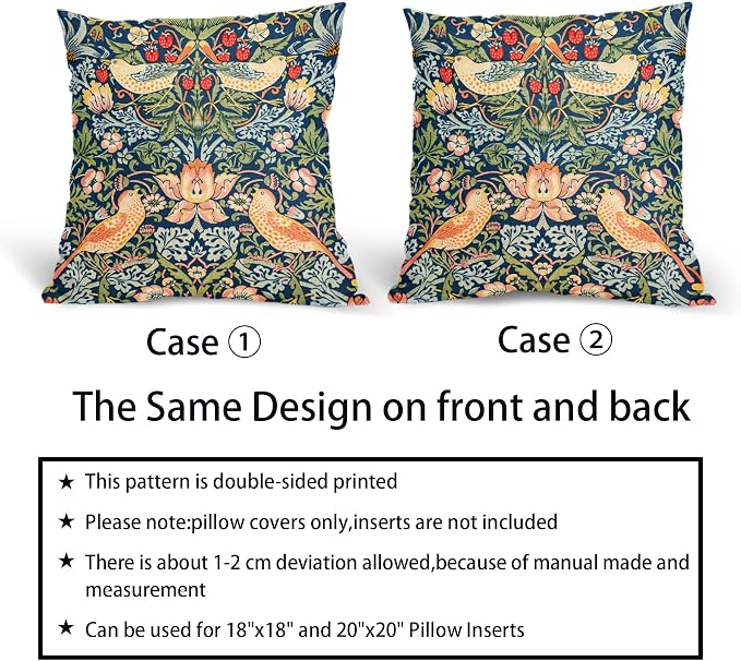Chinoiserie Blue Sage Green Teal Pimpernel Pillow Covers 20X20 in Set of 2 Colorful Floral Bird Red Strawberry Pillow Cases Vintage Flower Throw Pillowcases Home Decor