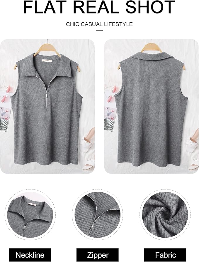 Vivilli Womens Ribbed Tank Top Zipper V Neck Dressy Casual Blouses Sleeveless Camisole Tops Work Tank Polo Shirts