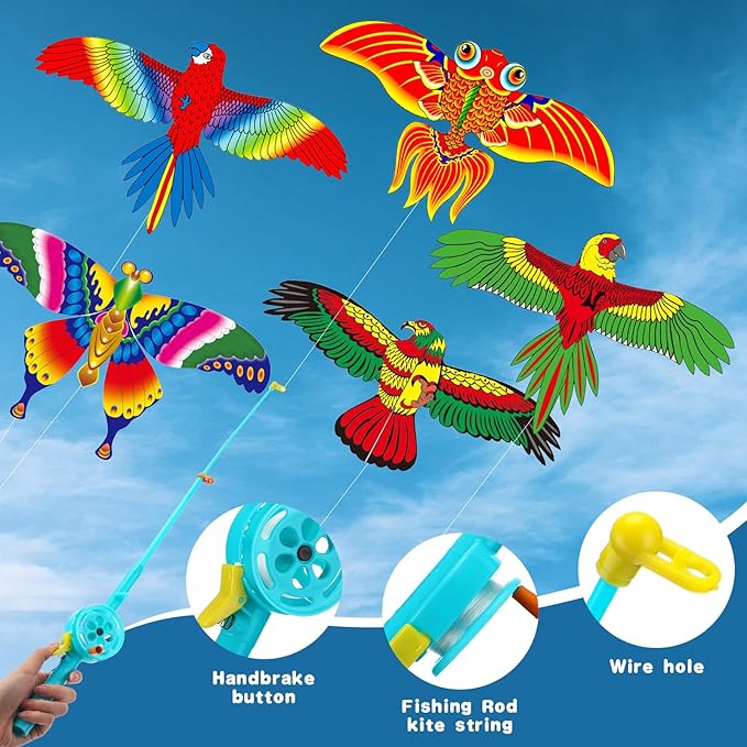 VioraWhite 10 Pcs Fishing Rod Kite for Kids, Vivid Butterfly Swallow Parrot, Easy to Fly, Swallows, Bald Eagles, Magpies Kites for Family Adults Spring Outdoor Beach