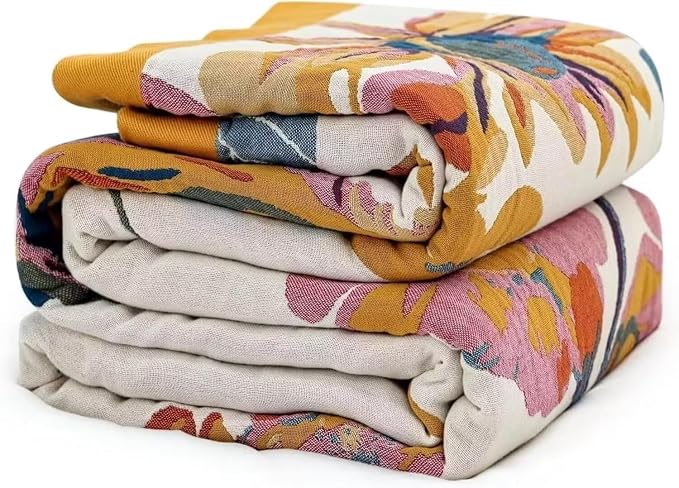 Boho Throw Blanket for Bed 100% Cotton Bohemian Blankets Ultra Soft Woven Muslin Decorative Blankets All Seasons Vintage Quilt Knitted Blanket for Sofa Chair(Yellow, 50"x60")