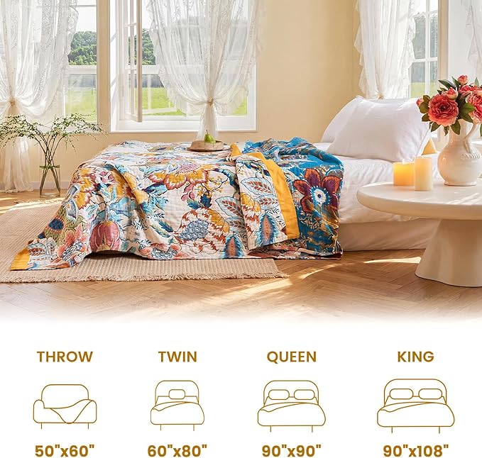 MSGKV Boho Throw Blanket 90"x108" 100% Cotton Floral Blanket King Bed Decor | 100% Cotton Muslin, Lightweight Throw Blanket, King Size Bed, Floral Farmhouse Decor, Soft & Breathable, All Season Comfort