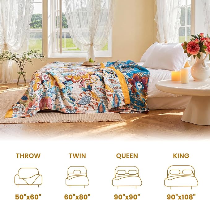 MSGKV Boho Throw Blanket 90"x90" Summer Cotton Floral Blanket for Couch | 100% Cotton Muslin, Floral Throw Blanket, Reversible Weave, Soft & Breathable, Everyday Home Comfort, Machine Washable