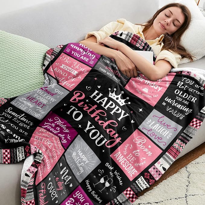 Ivivis Birthday Gifts for Women Girls Throw Blanket 60"X50" Black, Happy Birthday Decorations for Woman, Gifts for Women Birthdays Unique, Womens Bday Gift Ideas for Her Friend Mom Sister Grandma Wife