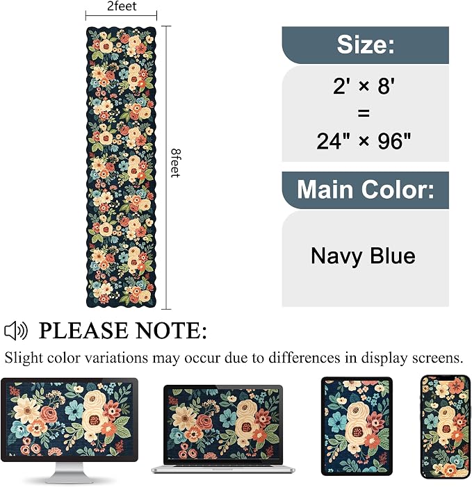 DUKINO 2x8 Washable Runner Rug, Floral Non Slip Kitchen Rugs, Navy Blue | Low Pile, Soft Throw Rug Runner for Hallway, Entryway, Bedroom, Bathroom, Pet Friendly, Stain Resistant, Home Decor