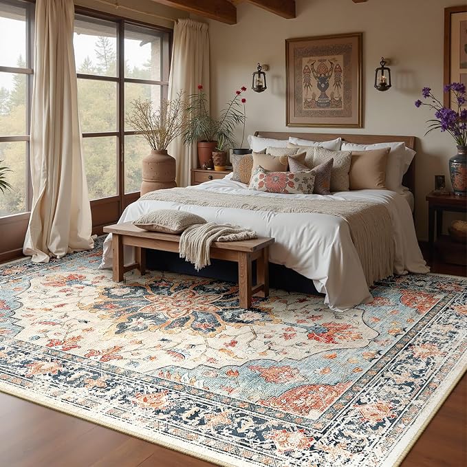 RELEANY Area Rugs Large 10'x14' Washable Non-Slip, Floral Vintage Distress Medallion Carpet for Living Room Bedroom Dining Room, Beige Navy Blue Orange Colorful