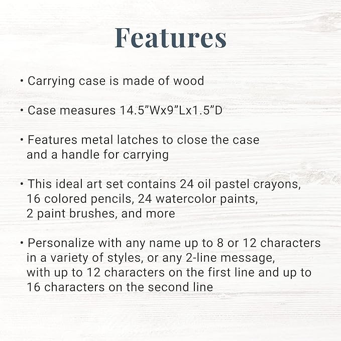 Let's Make Memories Personalized 80-Piece Deluxe Art Set - for Kids - Wood Carrying Case - Oil Crayons, Colored Pencils, Watercolors - Arts & Crafts - Add a Name - 2 Line Message