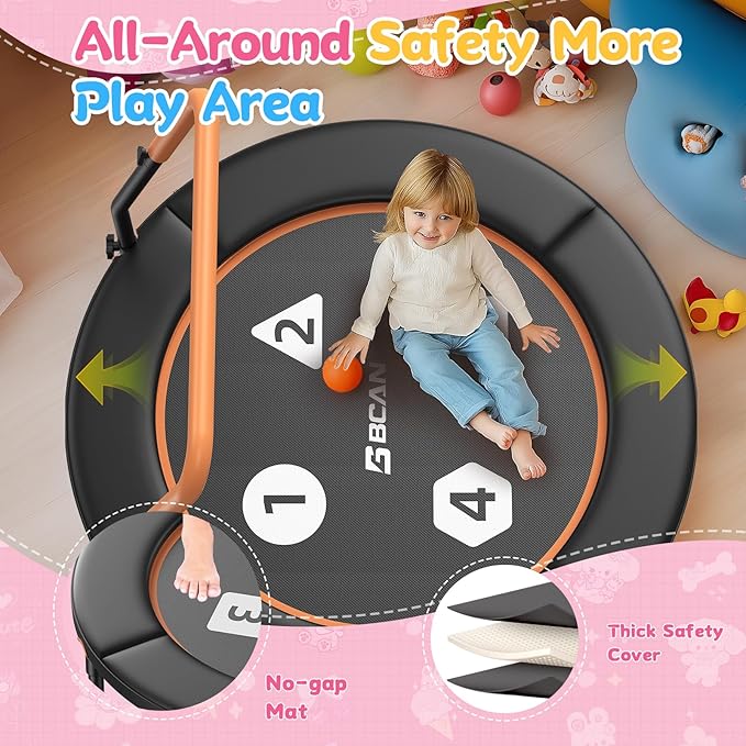 BCAN BT1 36'' Toddler Trampoline, ASTM Certified-Foldable Mini Trampolines for Kids Ages 1-6, Adjustable Handle, Safety Pad & Foldable Legs, Baby Trampoline Indoor/Garden, Gift for Boy and Girl
