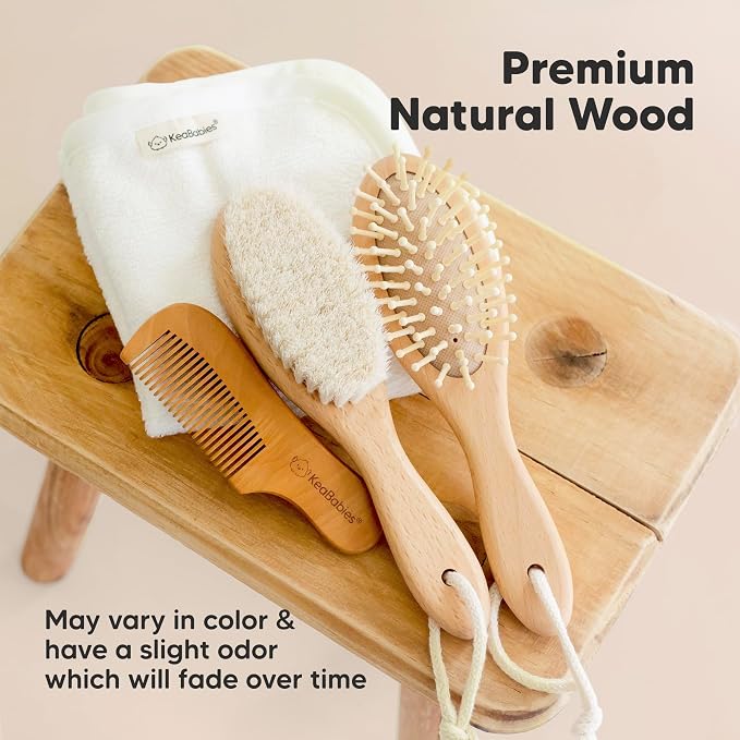 Wooden Baby Hair Brush Set for Newborns, Toddlers - Soft Goat Bristle Baby Brush and Comb Set Newborn Grooming Kit for Cradle Cap Care, Durable & Gentle, Boy, Girl Infant Essentials (Regular, Walnut)