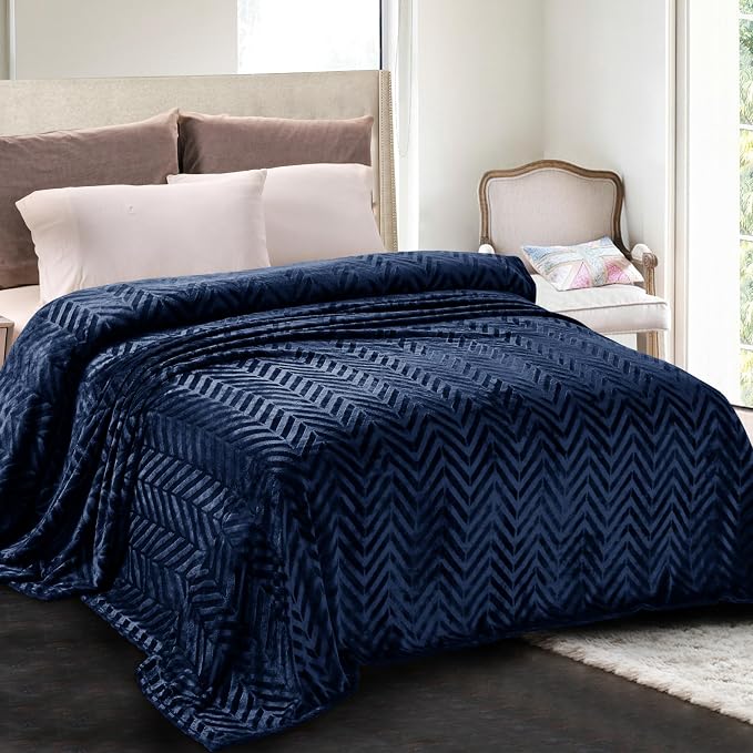 Whale Flotilla Flannel Fleece Fall Bed Blanket Twin XL Size, Navy Blue | Lightweight Breathable Soft Bedspread, Plush Fluffy Coverlet Chevron Design Decorative Blanket for Home Life, 90x66 Inch