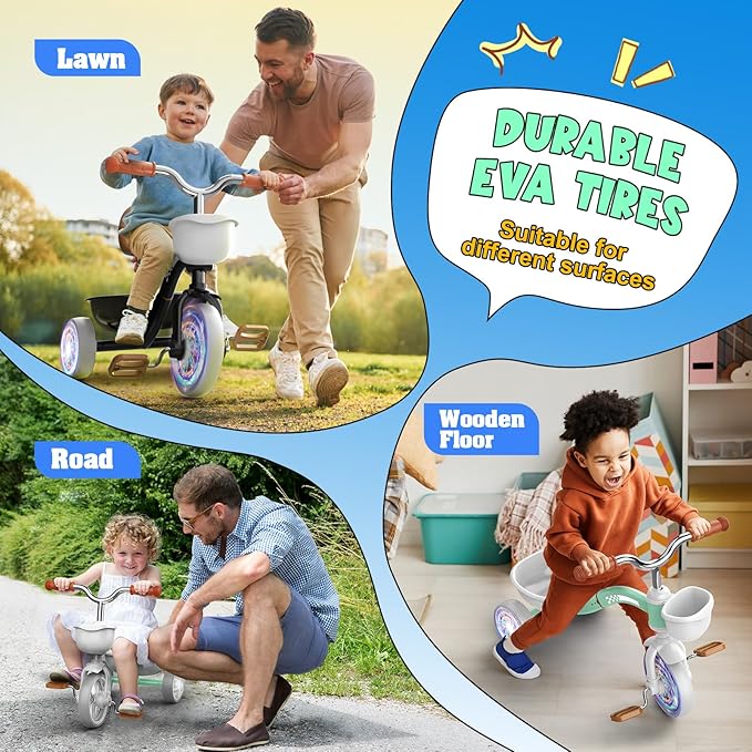 Toddler Tricycle for 1-3 3-5 Year Olds, 2 3 4 5 Year Old Boy Girl Birthday Gifts, Toddler Baby Bike, Outdoor Riding Toy for Ages 2-4, 4-Level Adjustable Seat, 3 Color Light Wheels, 2 Baskets