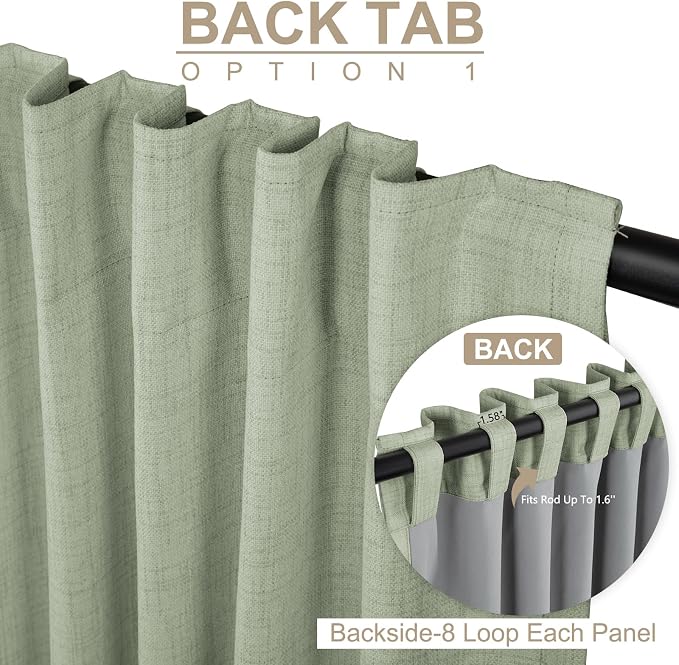 100% Blackout Shield Linen Blackout Sliding Door Curtains for Living Room, Back Tab/Rod Pocket Thermal Insulated Curtains for Sliding Glass Doors, 1 Panel Set, 100" W x 96" L, Sage Green