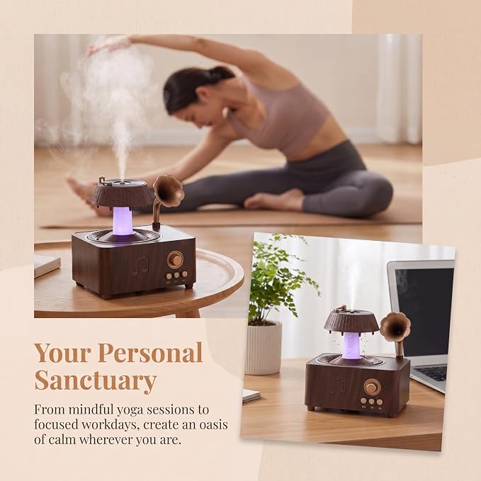 Vintage Record Player Essential Oil Diffuser 250mL Aromatherapy Diffuser with LED Light & Fragrance Diffusion, Quiet Humidifier for Home Bedroom Office Yoga, Retro Decor Air Freshener Machine