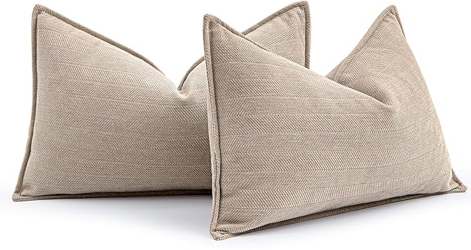 MIULEE Pack of 2 Beige Decorative Lumbar Chenille Pillow Covers 12x20 Inch | Soft Couch Throw Pillows,Farmhouse Cushion Covers with Elegant Design for Sofa,Bedroom,Living Room,Spring Home Decor