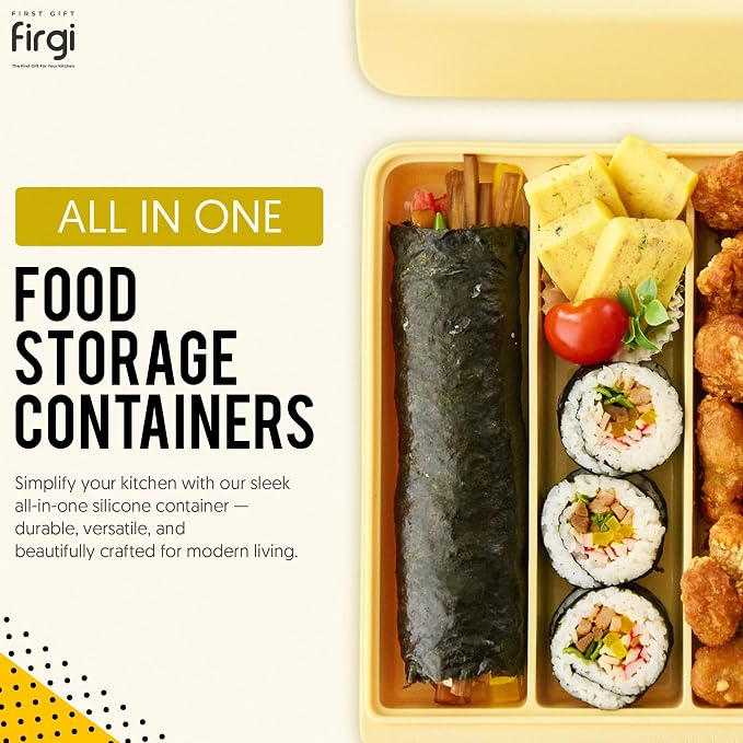 Silicone Baby Food Storage Container with Lid - 26oz 4 Compartment Stackable Meal Prep for Baby Food, Puree, Snacks, Kimbap & Sushi - Airtight, Microwave & Dishwasher Safe, Made in Korea, Yellow