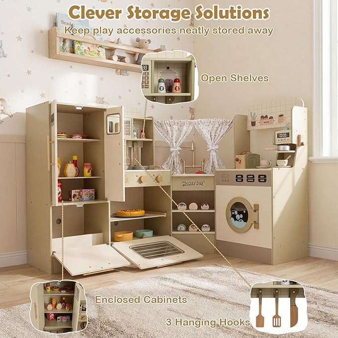 Costzon Kids Corner Play Kitchen, Pretend Play Kitchen Playset w/Stoves, Coffee Machine, Refrigerator, Microwave, Toaster & Accessories, Wooden Toy Kitchen Set for Boys Girls 3+
