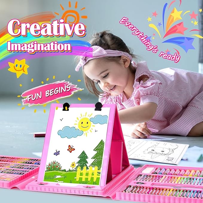 Art Supplies, Art Kits Arts and Crafts for Kids Age 4-6 6-8 8-12 with Trifold Easel,Includes Sketch Pads,Oil Pastels,Crayons,Colored Pencils,Drawing Set for 3-12 Year Olds Girls Boys (Unicon-Pink)