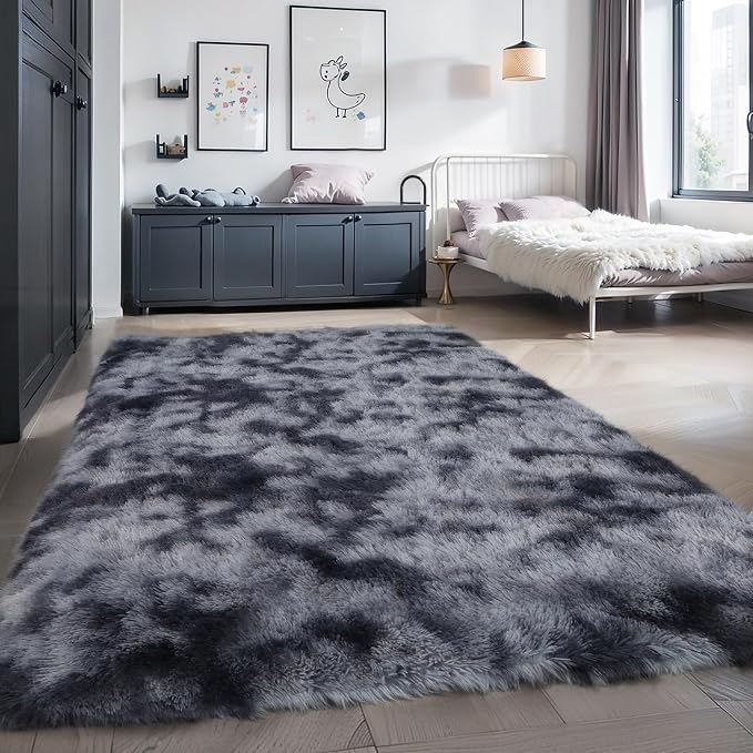 6x9 Tie-dye Dark Grey Shag Rug for Bedroom, Soft Plush Fluffy Carpet | Gray Area Rug for Living Room, Kids Nursery, Boys Dorm Room, Washable Non Slip Shaggy Carpet