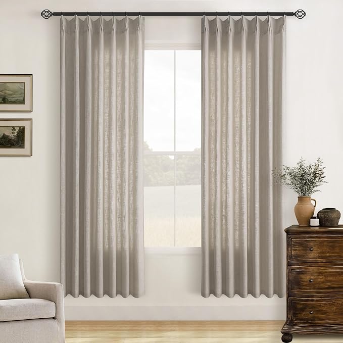 Burlywood Birch Pleated Linen Semi Sheer Curtains 78 Inches Long 2 Panels | Memory Training Shaped, for Living Room Bedroom Cabin Closet, 400GSM Flax Linen, Pinch Pleat with Hooks Rings Back Tab