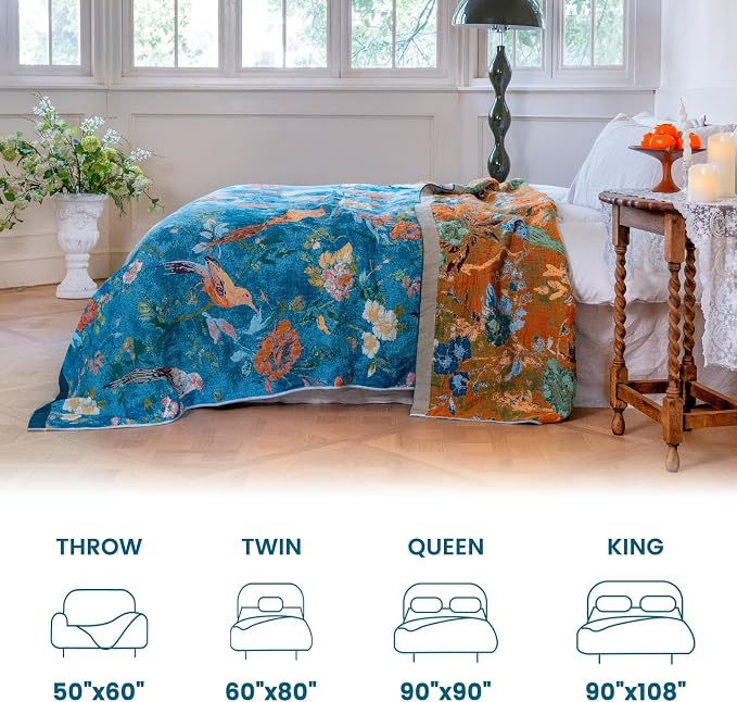MSGKV Boho Throw Blanket 50"x60" 100% Cotton Floral Bird Throw for Couch | 100% Cotton Throw, Floral Bird Pattern, Reversible Woven, Breathable Lightweight, Farmhouse Decor, Machine Washable